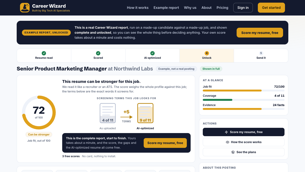 Career Wizard example report: a resume scored against a job, with the screening terms found and the actions available.