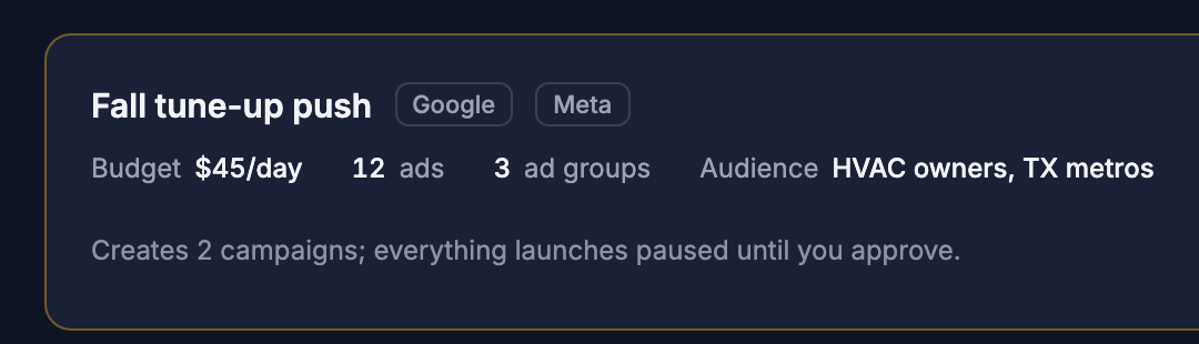 Embedwise Campaign Wizard approval card with sample data: a campaign build with its budget, ad count, and audience, marked as creating two campaigns that launch paused until the owner approves.